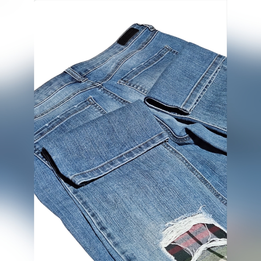 Plaid Patch Distressed Bootcut Jeans - image 4